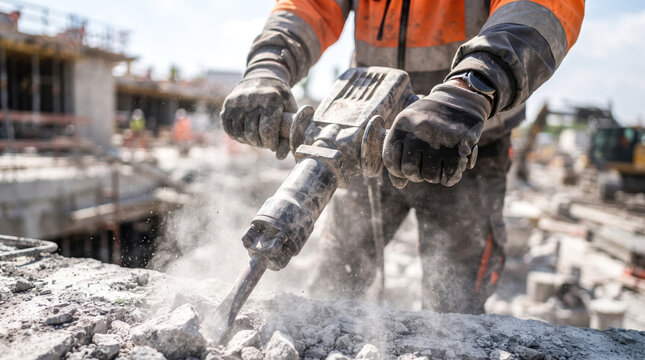 Construction Worker Using Jackhammer on Concrete Site