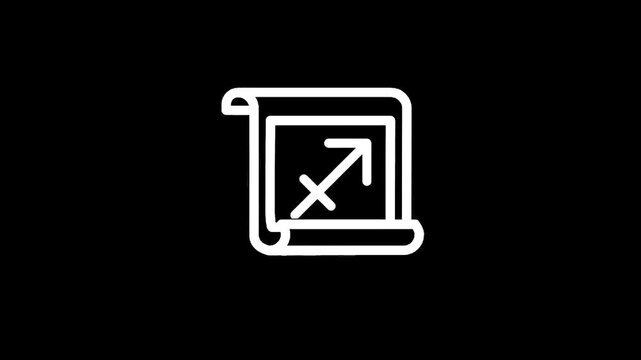 Sagittarius zodiac sign icon on a scroll, minimalist white outline on black background