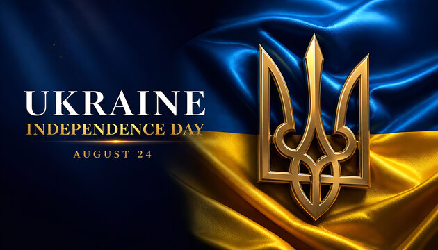 35th Anniversary Ukraine Independence Day Banner with Waving Silk Flag