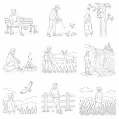 Obraz premium Minimalist line art illustration set of a man enjoying outdoor activities, including feeding birds, sitting by a campfire, watching a waterfall, observing wildlife, and mountain hiking.
