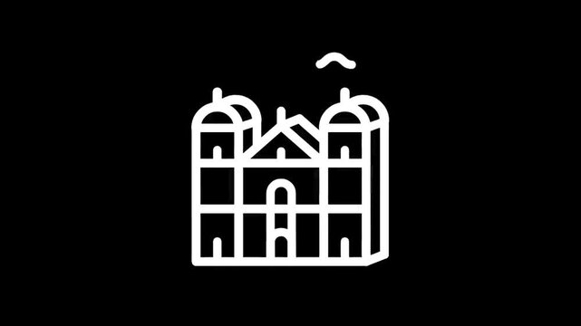 Simple white line art icon of a grand building with two towers and arched windows