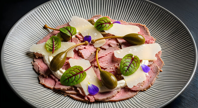 Thinly sliced beef carpaccio topped with fresh parmesan shavings capers and green leaves served on a textured grey ceramic plate