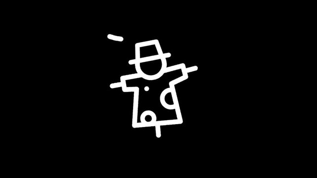 Simple white scarecrow icon on a black background, minimalist design