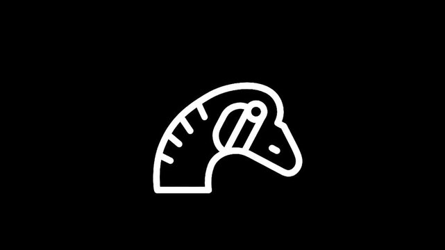 Stylized white line art of a dinosaur head with a speedometer dial on its neck