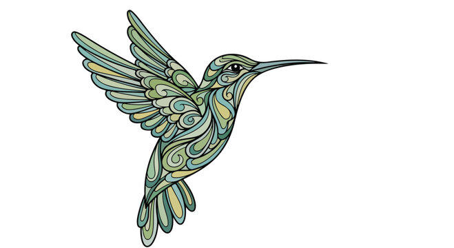 Ornate hummingbird vector illustration, decorative bird with paisley patterns, elegant flying hummingbird in teal and gold earth tones