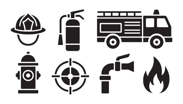 Firefighter equipment icons featuring fire truck and helmet and hydrant and fire extinguisher set.
