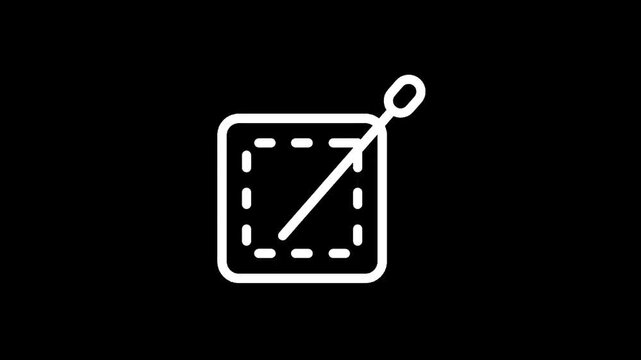Simple white icon of a needle and thread passing through a square outline