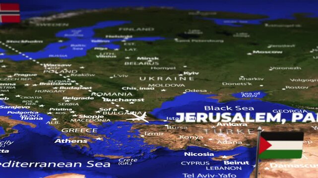 Flight From Oslo NORWAY to Jerusalem Palestine with flag pins