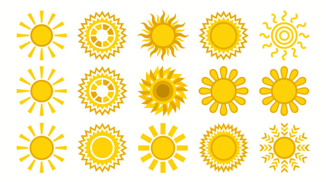 Set of yellow sun icons with various ray designs isolated on white background