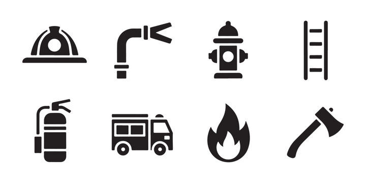 Emergency firefighting toolkit including fire engine ladder hydrant axe and protective equipment.