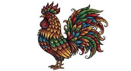 Ornate decorative rooster illustration, colorful folk art cockerel with intricate feathers, vibrant farm animal vector for rustic decor and branding © ronyroye