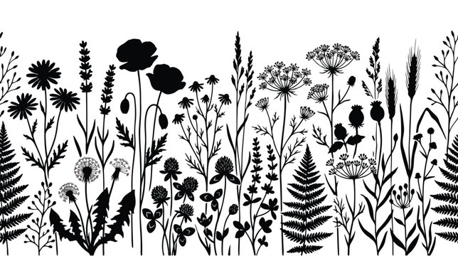 Wildflower meadow silhouette border vector, black floral field pattern with poppies and lavender, botanical summer garden grass horizontal frame