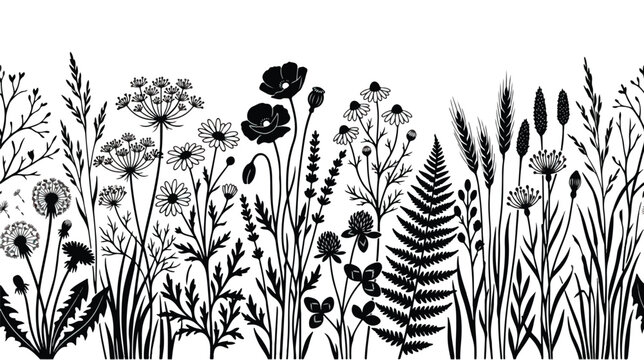 Wildflower meadow silhouette border vector, black floral field with meadow grass and herbs, botanical summer garden horizontal seamless pattern