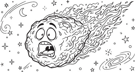 Cartoon asteroid character with a scared expression falling through space with flames © Ajoy