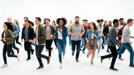 Fototapeta premium A diverse group of people running together in a studio setting wearing casual clothing.