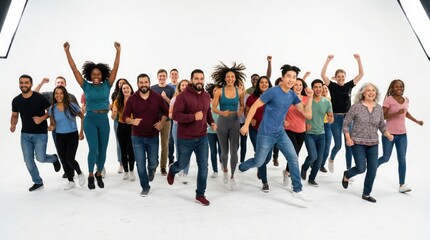 Obraz premium A group of diverse people jumping and celebrating with raised arms in a studio