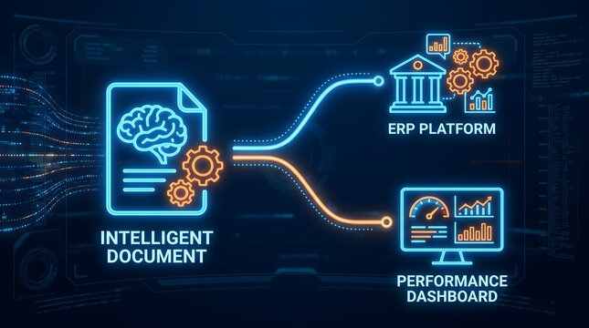 Intelligent document connected to ERP platform and performance dashboard with neon blue and orange graphics on a dark background