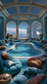 Futuristic Luxury Space Station Lounge with Indoor Swimming Pool and Earth View, Sci-Fi Interior Design