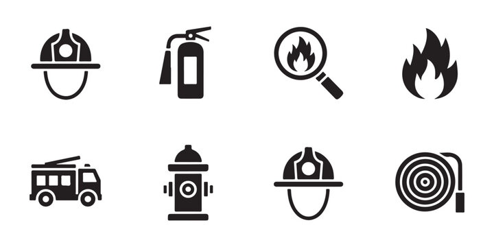 Firefighter equipment set vector icons on transparent background for fire safety and emergency designs.
