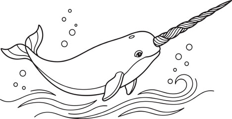 Cute narwhal swimming in the ocean with bubbles, line art illustration © Ajoy