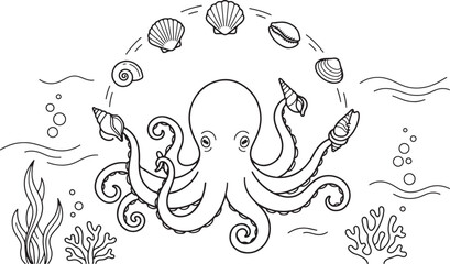 Cute octopus juggling sea shells underwater coloring page for kids © Ajoy