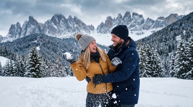 Couple playfully throwing snowball at each other in snowy mountain landscape with trees.