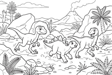 Cute cartoon dinosaurs in a prehistoric landscape with a volcano © Ajoy