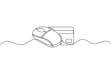 Obraz premium Computer mouse with credit card continuous one line drawing minimalist online payment technology outline vector illustration isolated on white background