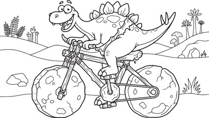 Cartoon dinosaur riding a stone age bicycle in a prehistoric landscape © Ajoy