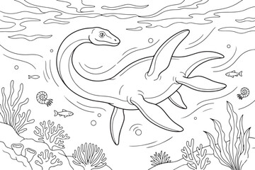 Plesiosaur marine reptile swimming in the ocean coloring page © Ajoy