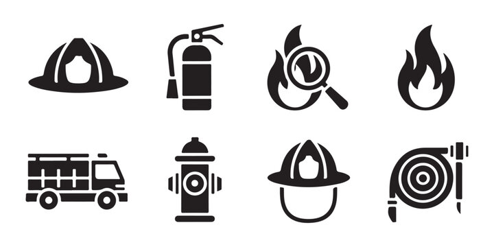 Firefighter equipment set vector icons on transparent background for fire safety and emergency designs.