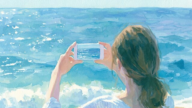 海をスマートフォンで撮影する女性 水彩イラスト 夏の海 風景