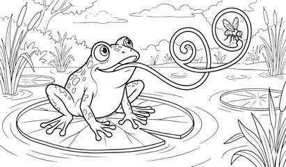 Cartoon frog sitting on a lily pad catching a fly with its long tongue in a pond © Ajoy