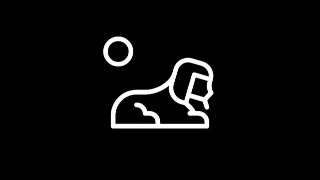 Minimalist white line art of a sphinx with a moon against a black background