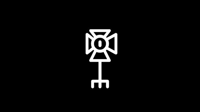 Simple white line art icon of a studio spotlight on a black background