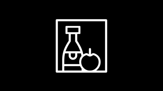 Minimalist icon of a bottle and an apple inside a square frame on a black background