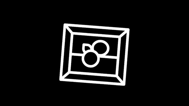 Simple line art icon of a wooden crate filled with round fruits, possibly oranges or apples
