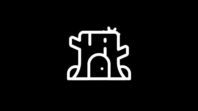 Stylized white outline of a tree stump house with a sun icon on a black background