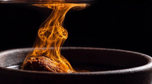 Tamarind pulp dissolving in water in dark clay bowl with amber swirls macro