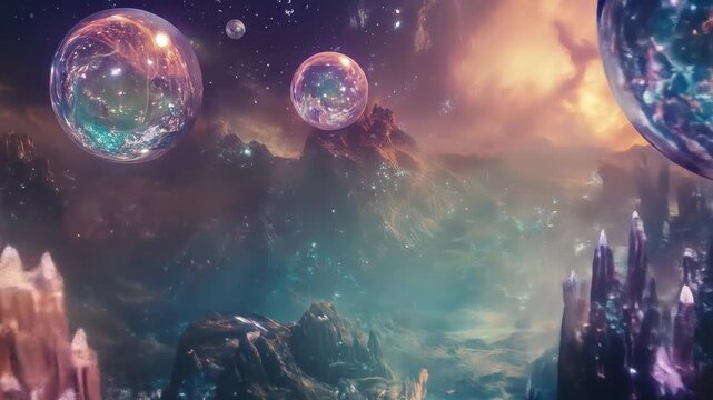 Fantasy landscape with glowing orbs and celestial structures