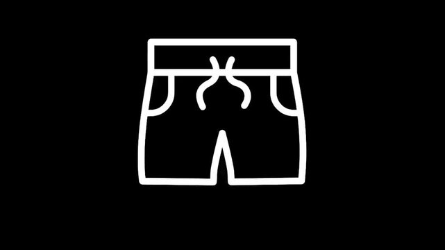 Simple line art icon of casual shorts with pockets and drawstring on a black background