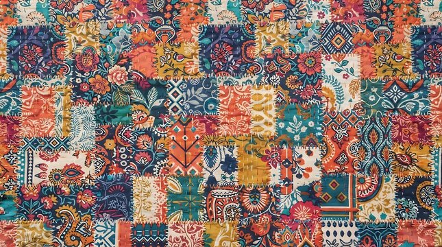Vintage patchwork fabric pattern with diverse floral and geometric textile scraps stitched together in bohemian artisan style.