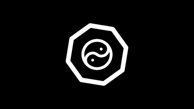 White yin yang symbol within an octagon on a black background, representing balance and harmony