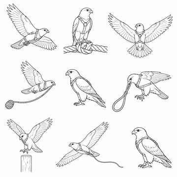 Vector set of nine black and white line art illustrations of falcons and hawks in various falconry poses, featuring birds in flight, perched, and wearing training harnesses and gear.