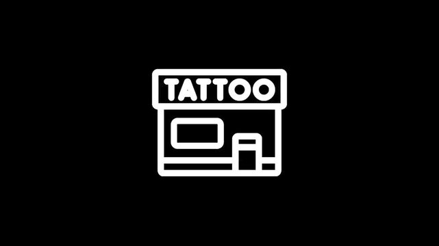 Simple white line art icon of a tattoo parlor storefront on a black background