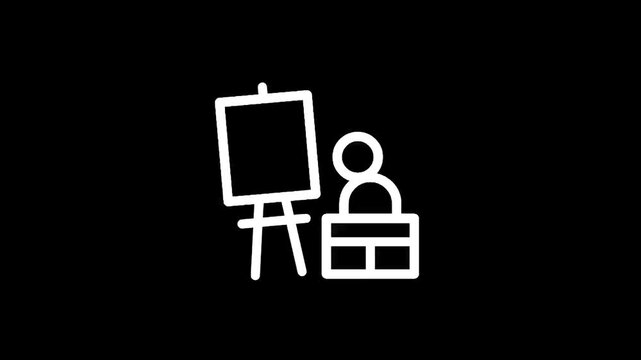 Simple icon of an artist at an easel with a blank canvas and a desk