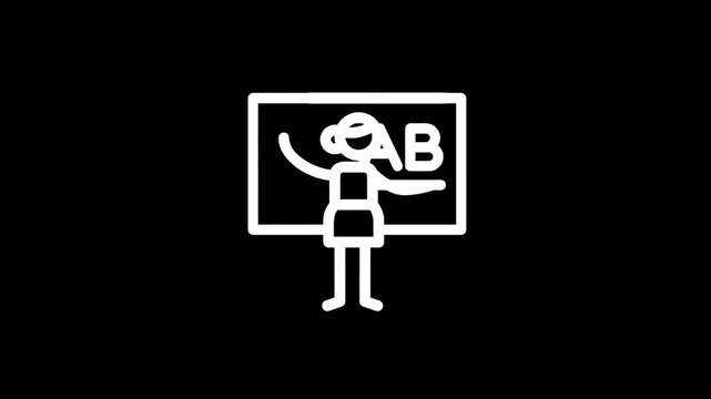 Teacher in front of a blackboard with letters A and B written on it, simple line art