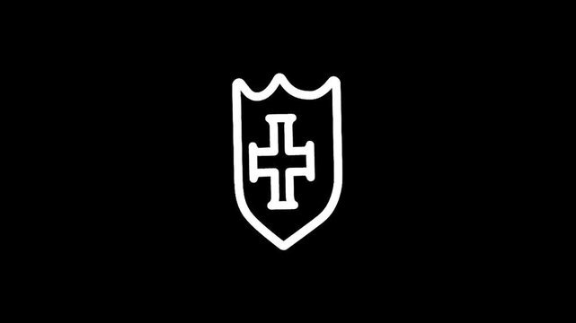 Minimalist white shield with cross emblem on black background, simple graphic design