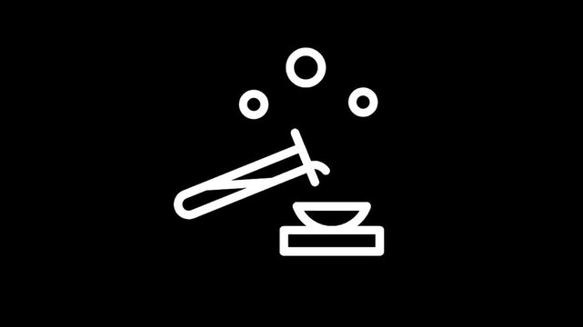 Simple icon representing chemical reaction with test tube and bubbles on black background