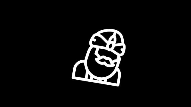 Stylized white line art of a man with a beard and turban on a black background